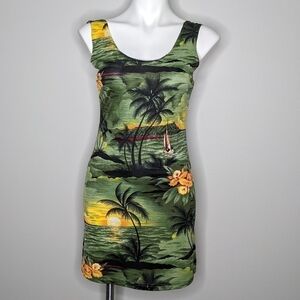 Vintage Cocos Family green yellow tropical Hawaiian floral dress L